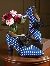  Rote Damenpumps im Vintage-Stil der 1950er Jahre mit Polka-Dots und schwarzer Satinschleife – vom edwardianischen Stil inspiriert, perfekt für Retro-Partys, den Alltag und besondere Anlässe.
