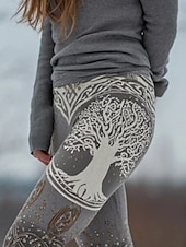  Damen Vikinger Leggings Gemütliche Leggings Urlaub Vintage Ethno-Stil Knöchellang Hohe Taille Grafik Baum Drucken Bequem Dehnbar Lässig Täglich Urlaub Grau Frühling Herbst Schmale Passform