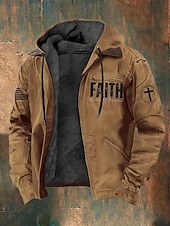 economico felpe 3d da uomo-Per uomo Felpa con cappuccio a zip intera Giacca in Pile Felpa con cappuccio in pile Nero Marrone Con Cappuccio Croce Bandiera Americana Fede Tasca Stampato Casuale Quotidiano Uscire Poliestere