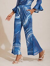  Calças femininas de tecido elástico com estampa floral, chiffon, painéis transparentes, perna larga, cintura elástica, elegante, confortável, trabalho diário, outono