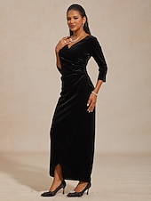 economico Abiti da festa-Per donna Abito Midi Abito a Portafoglio Elegante Festa serale Ospite di nozze Asimmetrico Taglia piccola Tinta unica Manica 3/4 Scollo a V Nero