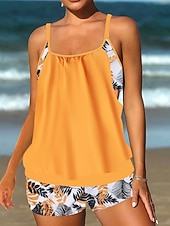 baratos Tankinis-Tankini Feminino de Biquíni 2 Peças com Cintura Alta Controle de Barriga Cintura Alta Slim Costas Nuas Roupas de Praia de Férias Gráfico Floral com Decote U Sem Mangas