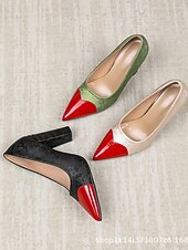 お買い得  女性のクリスマスシューズ-レディースの赤と白のブロックヒールパンプス - クリスマスパーティーやホリデーシーズンにぴったりの、華やかなポインテッドトゥのハイヒール