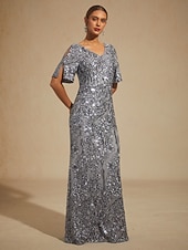 economico Abiti con paillettes-Per donna Abito maxi Tubino Abito a sirena Elegante Spalle scoperte Festa serale Paillettes Pizzo Ricamato Vestibilità regolare Floreale Mezza Manica Scollo a V Grigio