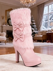 levne Sníh a zimní boty-Dámské bílé sněhule na vysokém podpatku z umělé kožešiny s mašlí - elegantní zimní obuv se zapínáním na zip, elegantní pro formální i sváteční příležitosti