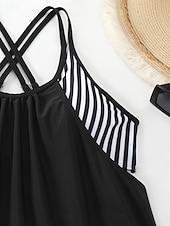 رخيصةأون مايوهات تانكيني-بدلة سباحة نسائية تانكيني قطعتين شورتات تحكم في البطن عالية الخصر نحيف بدون ظهر ملابس شاطئ إجازة مزينة بخطوط برقبة على شكل حرف U بدون أكمام