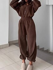 voordelige Romper-Dames Loungewear Rompertjes Modieus Sport Casual Heldere kleur Vetoketju Vakantie Huis Afspraakje Lange mouw Overhemdkraag Zwart Wit Wijn Bruin Donkergrijs Lente Herfst Winter Getailleerd