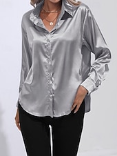 abordables Blouses Unies-Femmes Chemise Elegant Haut en satin Chemisier Boutons Uni Élégant ancien manche longue Col de chemise Hauts Réguliers Fête Sortir Jaune Rouge Bleu Roi Rose Gris Été Printemps