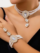 baratos Colar Feminino-Conjunto de joias femininas com pérolas e esmeraldas - elegante colar choker e pulseira com strass para baile de gala, formatura ou festa noturna.