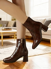 levne Kotníkové boty-Dámské kotníkové boty z vínové kůže s krokodýlím potiskem, blokovým podpatkem a zapínáním na zip – elegantní hranatá špička pro každodenní nošení i do kanceláře