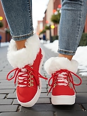 Недорогие Женские кроссовки-женские красные кеды из искусственного меха — тёплая зимняя обувь на шнуровке с мягкой подкладкой, повседневная рождественская обувь для отдыха на природе и уличного стиля