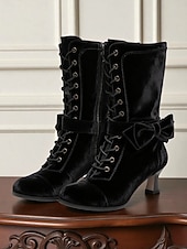 Недорогие Викторианский и Эдвардианский-Женские зеленые бархатные ботинки на шнуровке с бантом и молнией — элегантный викторианский стиль 1920-х годов, идеально подходят для официальных мероприятий, зимней моды и любителей винтажной одежды.