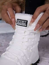 preiswerte Schnee- und Winterstiefel-Weiße Damen-Winterstiefel mit Fellbesatz – wasserdichte Schnürstiefeletten mit Plateau für Wandern, Skitouren und Wintersport