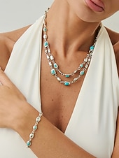 זול יום האהבה-סט שרשרת וצמיד אבני חן צבעוניות לנשים - תכשיטי שכבות בגוון זהב אלגנטי לתלבושות אופנה, מסיבות וסגנון שיקי יומיומי