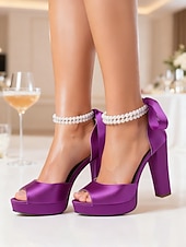 baratos Sandálias de Plataforma-Sandálias femininas de salto alto plataforma em cetim roxo com tira de pérolas no tornozelo - sapatos de festa glamorosos de bico aberto para eventos noturnos, casamentos e coquetéis.