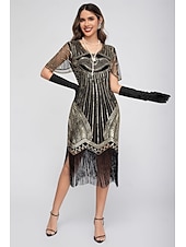 preiswerte 1920er Kleider-Goldene Zwanziger 1920er Knielang Flapper Kleid Kurze Ärmel Der große Gatsby Pailletten Fransen V Ausschnitt Kostüm Damen Weihnachten Karneval Flüsterkneipe Maskerade Retro-Mottoparty Erwachsene