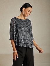  Damen Bluse Elegante Oberteile Chiffon Tops Plissiert Glitzer Einfarbig Elegant Dreiviertelarm Rundhalsausschnitt Hochzeitsgast Ferien Silber Sommer Frühling Herbst