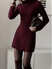 levne Svetrové šaty-Dámské Svetrové šaty Elegantní Na běžné nošení Měkké Čistá barva Rýhovaný Tričkový Pletený Dlouhý rukáv Dlouhé topy Plést Venkovní Denní Víkend Černá Fialová Podzim Zima