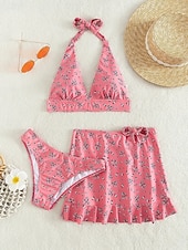 tanie 3-częściowy zestaw bikini-Strój Kąpielowy Damski Bikini 3 Częściowy Z Spódnicą Smukły Bez Pleców Letni Strój Plażowy Kwiatowy Sznurek Bez Rękawów