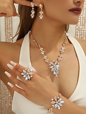 levne Svatba ACC-Dámská sada tří křišťálových šperků - třpytivý náhrdelník s kamínky, náušnice &amp;náramek, elegantní růžovo-zlaté svatební doplňky pro svatbu &amp;večírky