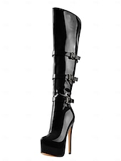 abordables Bottes de plate-forme-Bottes cuissardes rouges vernies pour femme - bottes de soirée à talons aiguilles ultra hauts avec brides à boucle. &amp;vêtements de club