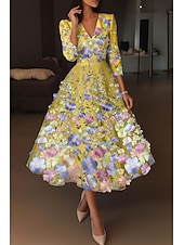  A-linje Ankellengde Cocktailkjoler Elegant Årgang Blomster Halvlange ermer V-hals Bryllup Formell Rosa kjole Sateng Blonder med Broderi Lomme