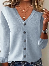 preiswerte Strickjacken und Oberbekleidung-Damen Pullover Strickjacke Mode Streetwear Täglich Einfarbig Gerippt V Ausschnitt Gestrickt Langarm Normale Oberteile Stricken Ferien Ausgehen Wochenende Schwarz Weiß Herbst Winter