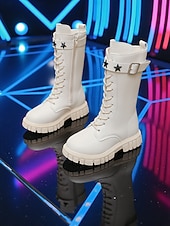 abordables Bottes enfants-Bottes blanches en similicuir avec boucle étoile, inspirées des idoles coréennes pour enfants, parfaites pour un look décontracté, une fête ou un événement mode. Confortables et tendance, elles sont