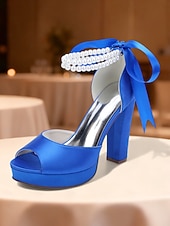 baratos Sandálias de Plataforma-Sandálias femininas de salto alto plataforma em cetim roxo com tira de pérolas no tornozelo - sapatos de festa glamorosos de bico aberto para eventos noturnos, casamentos e coquetéis.