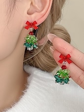 ieftine Cercel de damă-Bijuterii acrilice de Crăciun pentru femei – colier și cercei cu brad festiv și funde roșii, perfecți pentru petreceri și sărbători