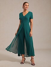 abordables Jumpsuits-Combinaison femme vert foncé col V design à panneaux imitation deux pièces fluide aspect transparent tissu extensible destination mariage invité printemps été automne