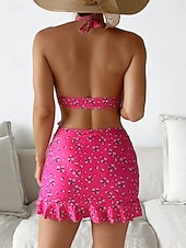 tanie 3-częściowy zestaw bikini-Strój Kąpielowy Damski Bikini 3 Częściowy Z Spódnicą Smukły Bez Pleców Letni Strój Plażowy Kwiatowy Sznurek Bez Rękawów