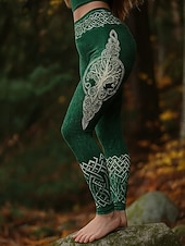 preiswerte Viking-Druck-Damen Leggings Urlaub Vintage Ethno-Stil Volle Länge Hohe Taille Grafik Abstrakt 3D-Druck Schnelltrocknend Atmungsaktivität Weich Dehnbar Täglich Outdoor Urlaub Schwarz Grün Grau Frühling Herbst