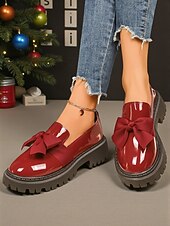 billige Slip-ons og loafers til kvinner-Kvinners burgunder patent lær slip-on loafere med bue – Chunky plattformsko uformelle utflukter daglig bruk og juletider