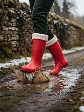 abordables Bottes de neige et d'hiver-Bottes de pluie rouges imperméables pour femmes avec revers amovible en fausse fourrure – des chaussures résistantes et élégantes pour les intempéries, les aventures en plein air et les activités de jardinage.