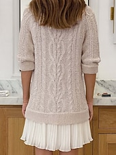 preiswerte Pulloverkleider-Damen Pullover Pullover Kleid Elegant Lässig Weich Einfarbig Gerippt Rundhalsausschnitt Patchwork Gestrickt Langarm Lange Oberteile Stricken Outdoor Täglich Wochenende Schwarz Rosa Herbst Winter