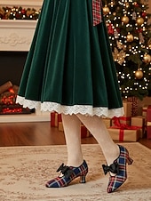  Rote karierte Damenpumps mit schwarzer Satinschleife – Vintage-Stil der 1920er Jahre, perfekt für Weihnachtsfeiern, Retro-Treffen und den Alltag.