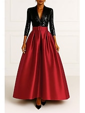 cheap Tuxedo Dresses-Tuxedo Dress Black Sequin Dress Formal Wedding Wedding Guest Satin A-line Dress Elegant 3/4 Sleeve Pleated Floor Length Peaked Lapel Hidden