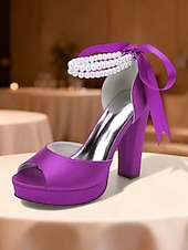 baratos Sandálias de Plataforma-Sandálias femininas de salto alto plataforma em cetim roxo com tira de pérolas no tornozelo - sapatos de festa glamorosos de bico aberto para eventos noturnos, casamentos e coquetéis.