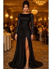 abordables Vestidos de Noche en A-Corte A Hasta el Suelo Bordado con cuentas Vestido formal Vestido de madre de la novia Vestido de gala con capa Vestidos de noche Vestimenta formal Elegante Lentejuelas Sedoso Manga Larga Cuello Barco