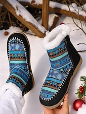 お買い得  雪と冬のブーツ-女性用エスニック柄の暖かいアンクルブーツ - カラフルなボヘミアンスタイルのフリース裏地付き冬用ブーツ、サイドジッパー付き、旅行や休暇に最適な快適なアウトドアシューズ