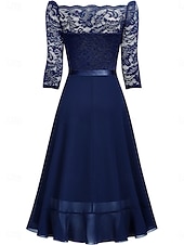 tanie Prosta sukienka-Damskie Sukienka midi Sukienka A line Sukienka z falbanami Elegancja Impreza koktajl Na zewnątrz Impreza Gość weselny Koronka Niejednolita całość Szczupła Jednokolorowe Rękaw 3/4 Z odsłoniętymi