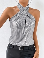 abordables Réservoir Simple-Femmes Débardeur caraco Paillettes Couleur Unie Élégant Occasionnel Sans manches Col Halter Hauts Réguliers Quotidien Fête Argent Été Printemps