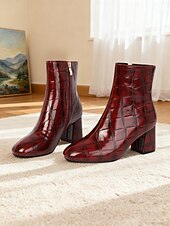 levne Kotníkové boty-Dámské kotníkové boty z vínové kůže s krokodýlím potiskem, blokovým podpatkem a zapínáním na zip – elegantní hranatá špička pro každodenní nošení i do kanceláře