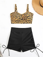 Χαμηλού Κόστους Τανκίνι-Γυναικείο Τανκίνι 2 Κομμάτια Μαγιό Ραφές Υποστήριξη Λεοπάρ Μικροσκοπικά Έλεγχος Κοιλιάς Ψηλόμεσο Λεπτό Χωρίς Πλάτη Θέρετρο Παραλίας V Λαιμός Αμάνικο Μαγιό