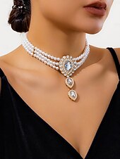 baratos Colar Feminino-Conjunto de joias femininas com pérolas e esmeraldas - elegante colar choker e pulseira com strass para baile de gala, formatura ou festa noturna.