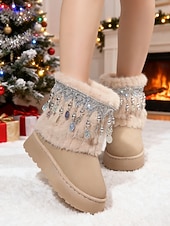 cheap Snow &amp; Winter Boots-Women's Beige Faux Fur Snow Boots with Rhinestone Tassel Fringe – Warm Platform Ankle Booties for Winter Parties, Christmas &amp; Holiday Fashion