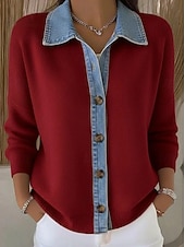 Недорогие Простые блузки-Жен. Вязаная ткань Элегантный стиль Винтаж Классический Отложной Рубашечный воротник Пэчворк Длинный рукав Обычные топы Вязать на открытом воздухе Уличная одежда Винно-красный Розовый Осень Зима