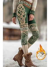 ieftine Imprimare viking-Legginguri fleece căptușite pentru femei Viking Boho Vacanță Vintage Stil etnic Lungime întreagă Talie înaltă Model geometric Print 3D Termic Cald Antivânt Confortabil Elastic Acasă Zilnic Galben Mov