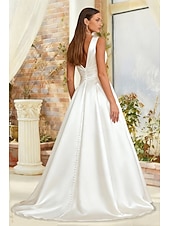  صالة رسمي فساتين زفاف A-الخط V رقبة بدون كم ذيل مثل الفرشاة ساتان فساتين الزفاف مع روش لون صلب